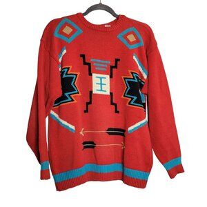 Vintage Women's L Sweater Aztec Southwestern Knit Crewneck Red